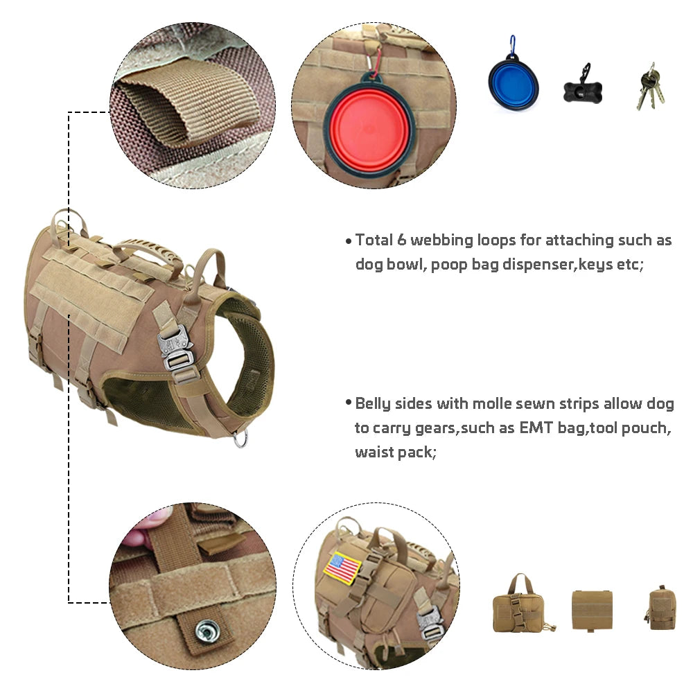 Taktisches Hundegeschirr No-Pull-Geschirr für mittelgroße bis große Hunde Training Wander-Molle-Taschen