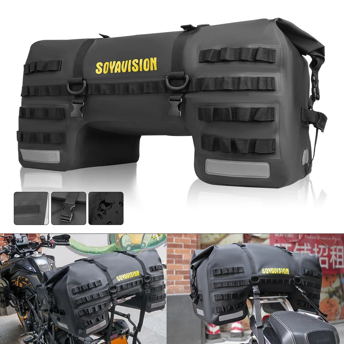SOYAVISION Wasserdichte Motorrad-Satteltasche mit verstellbaren Riemen, mehreren Fächern