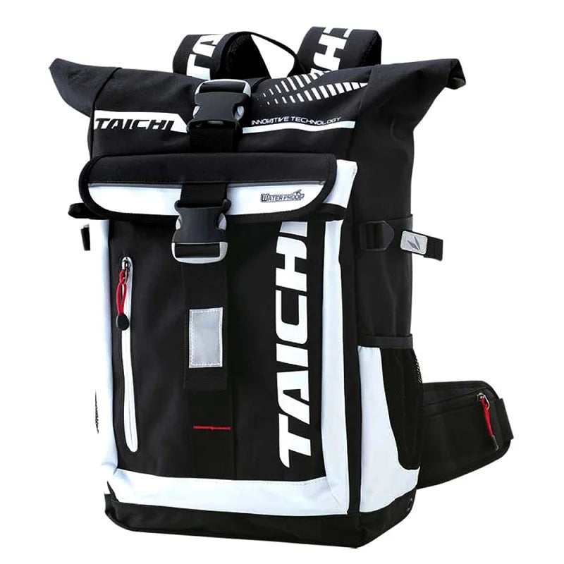 Motorradrucksack. Bietet Platz für einen ganzen Helm, mehrere Fächer.
