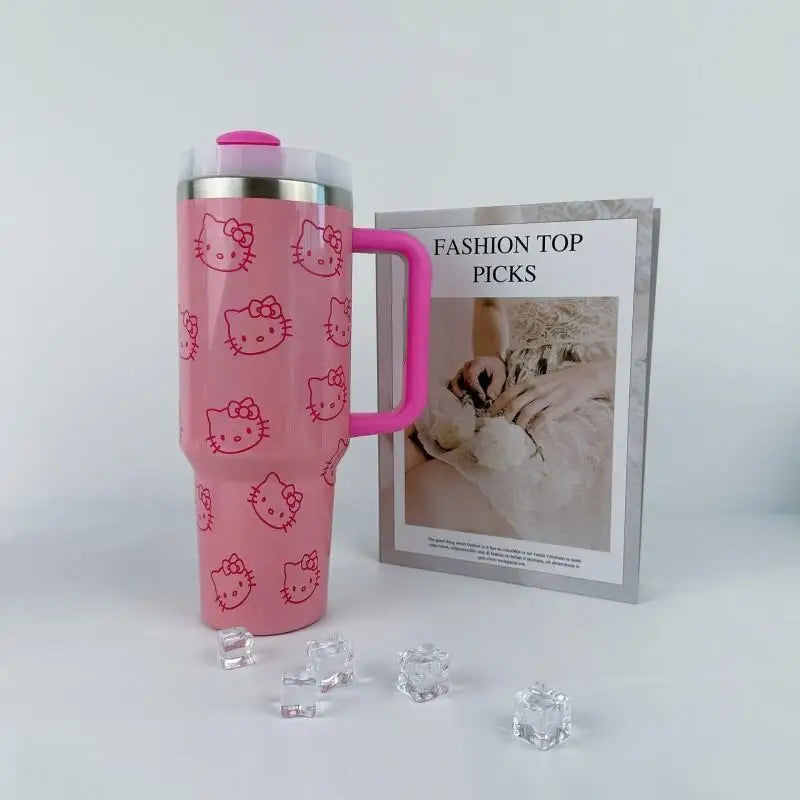 Edelstahl-Isolierbecher in rosa mit Henkel und Strohhalmbecher