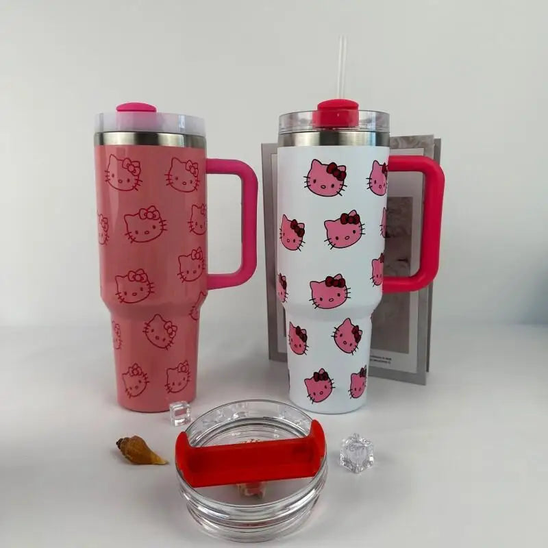 Edelstahl-Isolierbecher in rosa mit Henkel und Strohhalmbecher