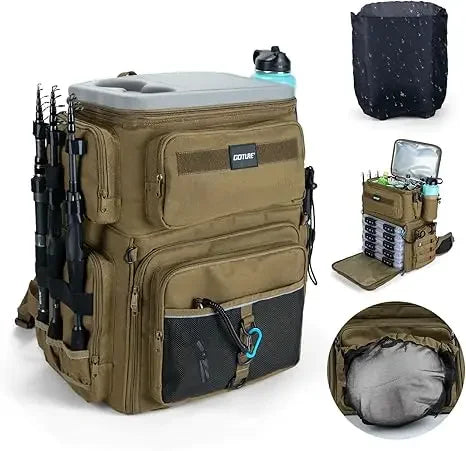 Goture 66L Angelrucksack mit integrierter Kühlbox, 3 Rutenhaltern, 600D wasserdichter Qualität
