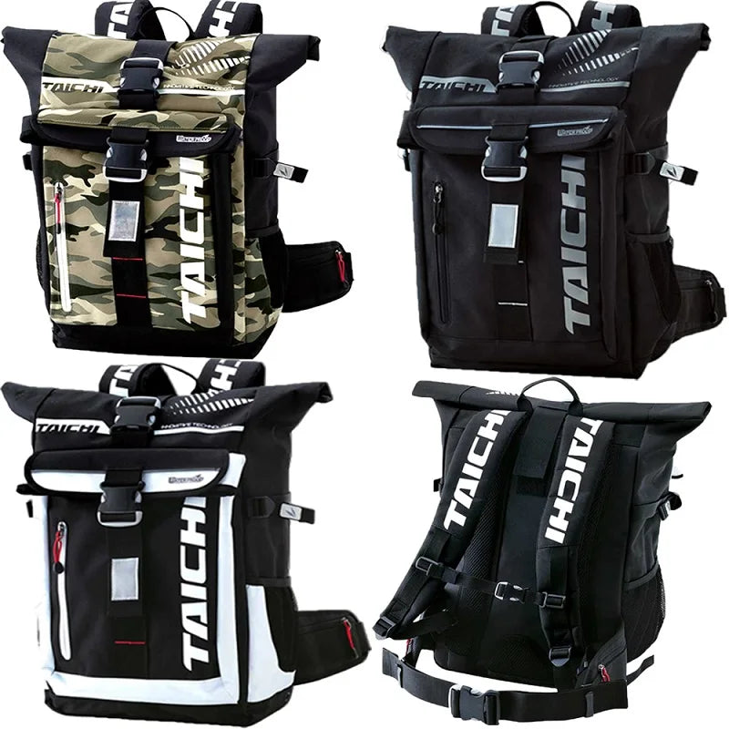 Motorradrucksack. Bietet Platz für einen ganzen Helm, mehrere Fächer.