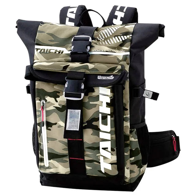 Motorradrucksack. Bietet Platz für einen ganzen Helm, mehrere Fächer.