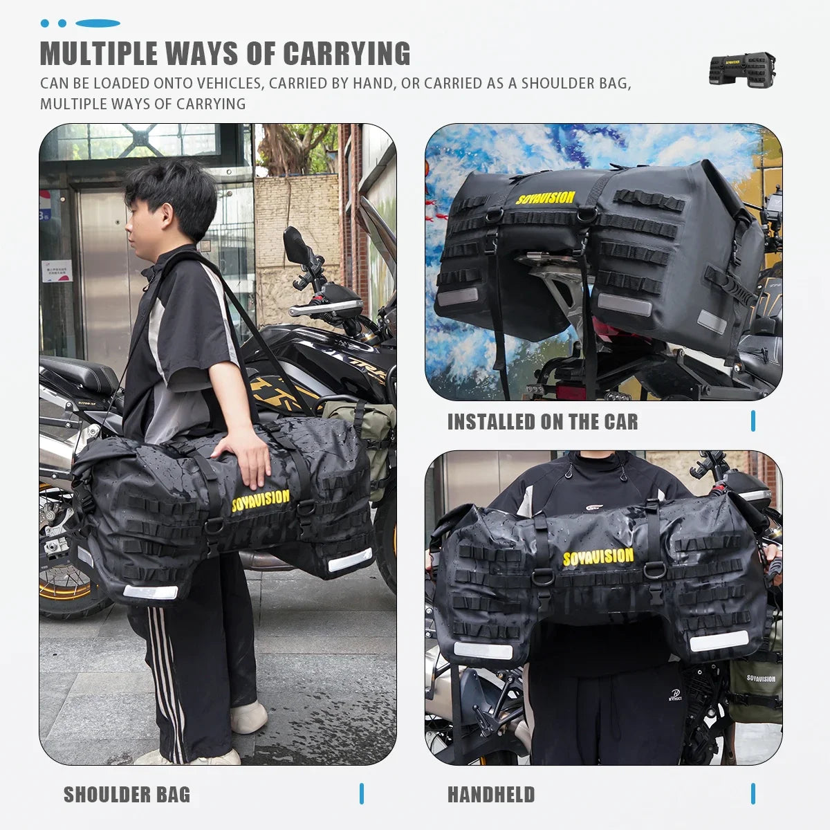 SOYAVISION Wasserdichte Motorrad-Satteltasche mit verstellbaren Riemen, mehreren Fächern