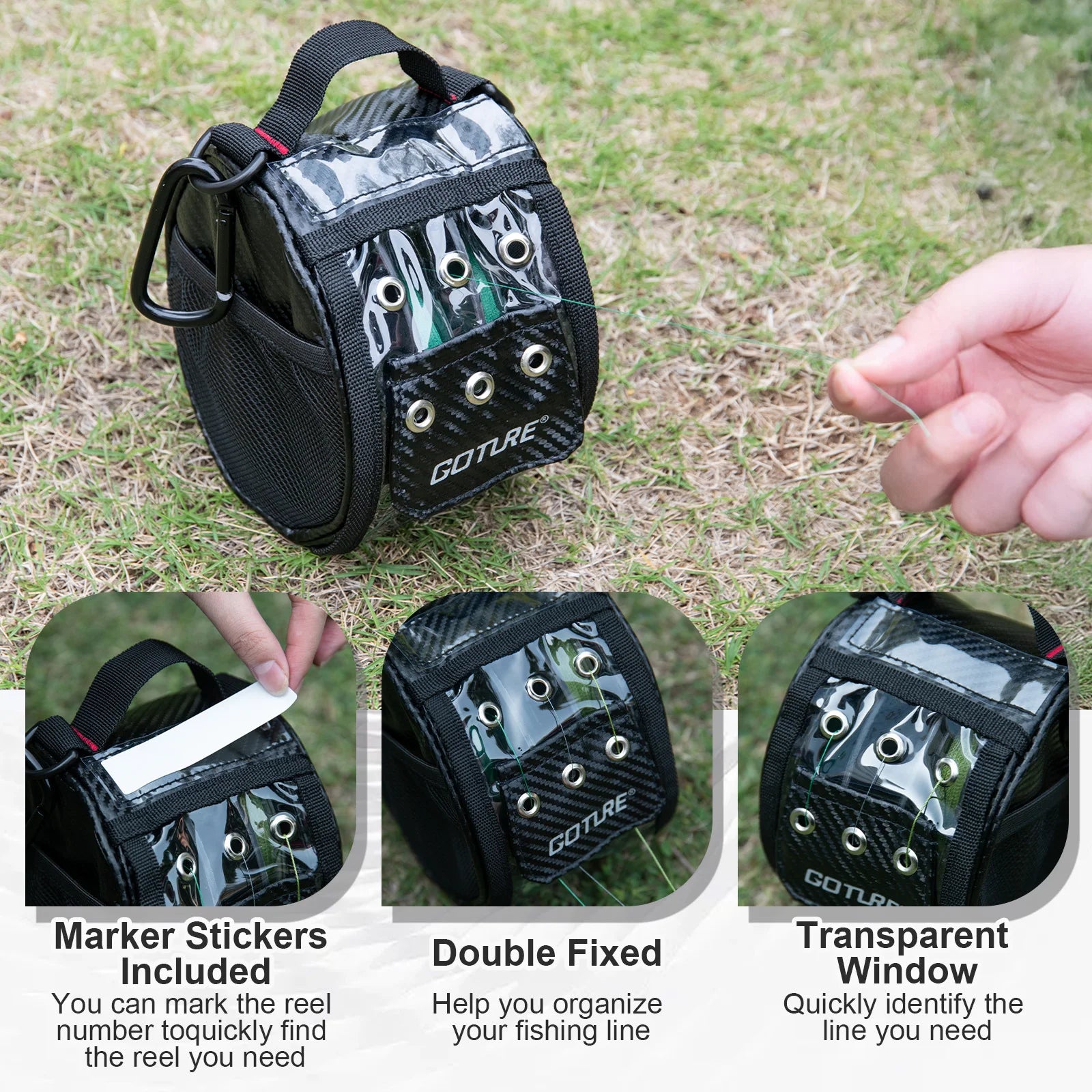 Goture Angelschnur-Aufbewahrungstasche 3/6 Auslassöffnungen Tragbar Wasserdicht mit transparentem Fenster