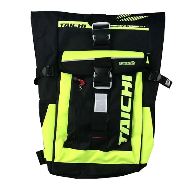 Motorradrucksack. Bietet Platz für einen ganzen Helm, mehrere Fächer.