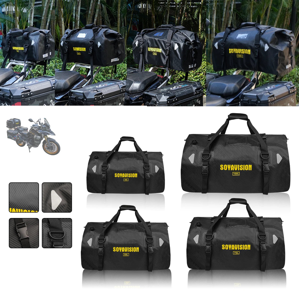 SOYAVISION Wasserdichte Motorrad-Satteltasche mit verstellbaren Riemen, mehreren Fächern