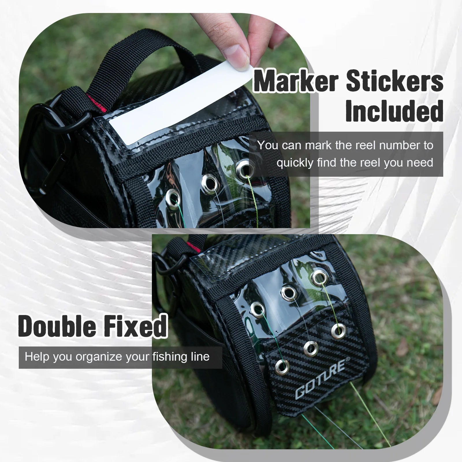 Goture Angelschnur-Aufbewahrungstasche 3/6 Auslassöffnungen Tragbar Wasserdicht mit transparentem Fenster