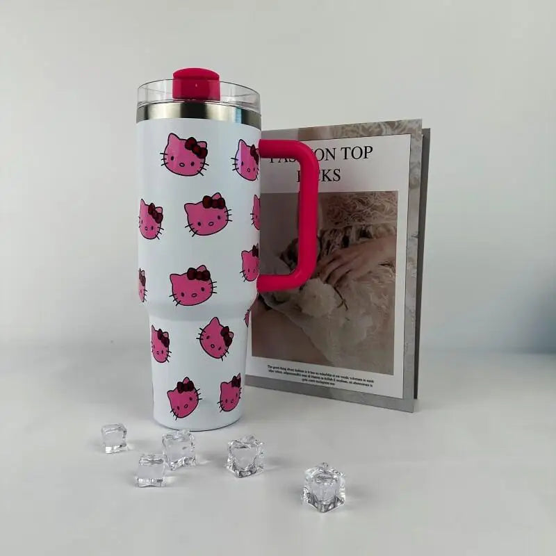 Edelstahl-Isolierbecher in rosa mit Henkel und Strohhalmbecher