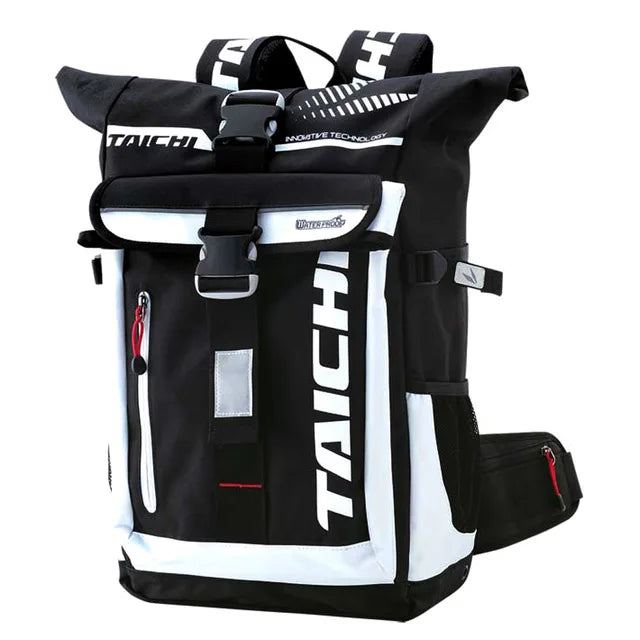Motorradrucksack. Bietet Platz für einen ganzen Helm, mehrere Fächer.