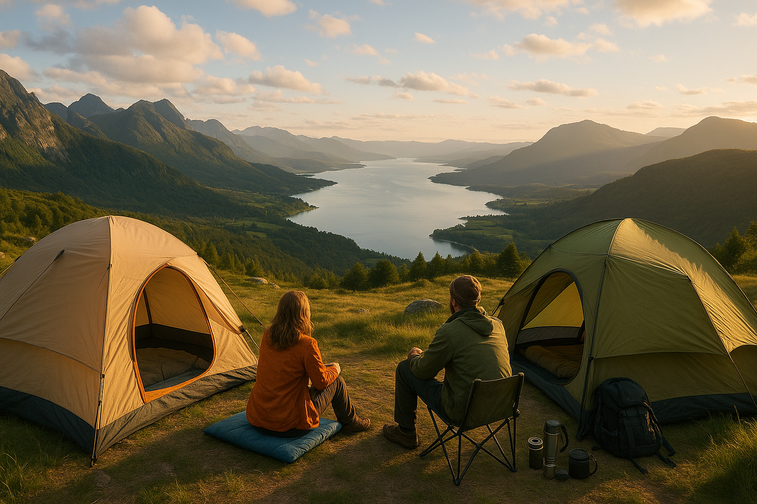 Menschen beim campen die eine schöne landschafft anschauen